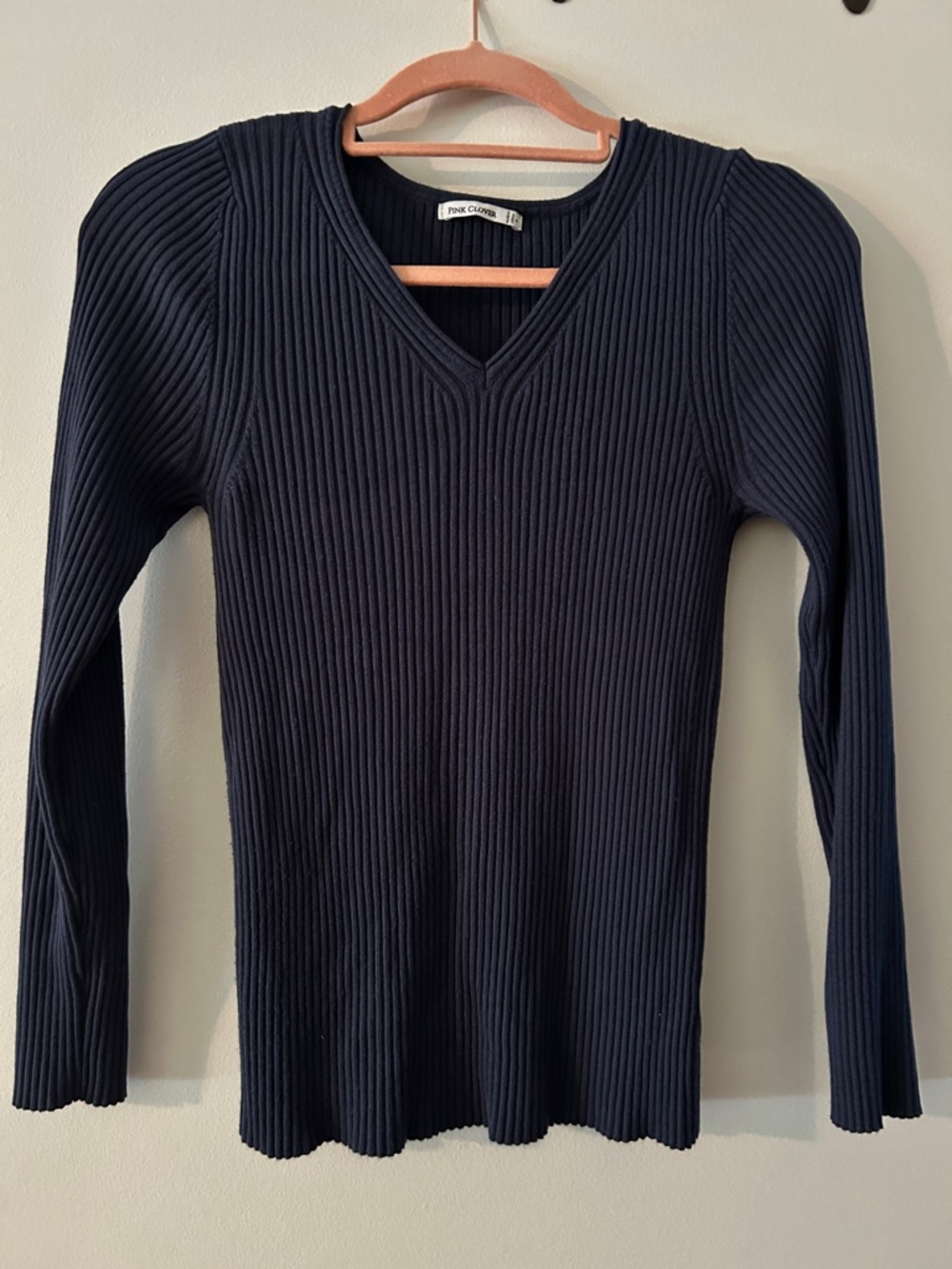 Pink Clover Navy Ribbed V-Neck Puff Shoulder Top
